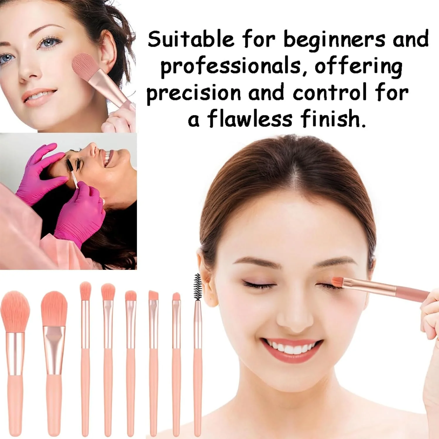 ست برس آرایشی مسافرتی 8 تکه صورتی با کیف - برس های کوچک ضروری برای کرم پودر صورت، رژگونه و سایه چشم - کیت ابزار آرایشی جمع و جور و قابل حمل