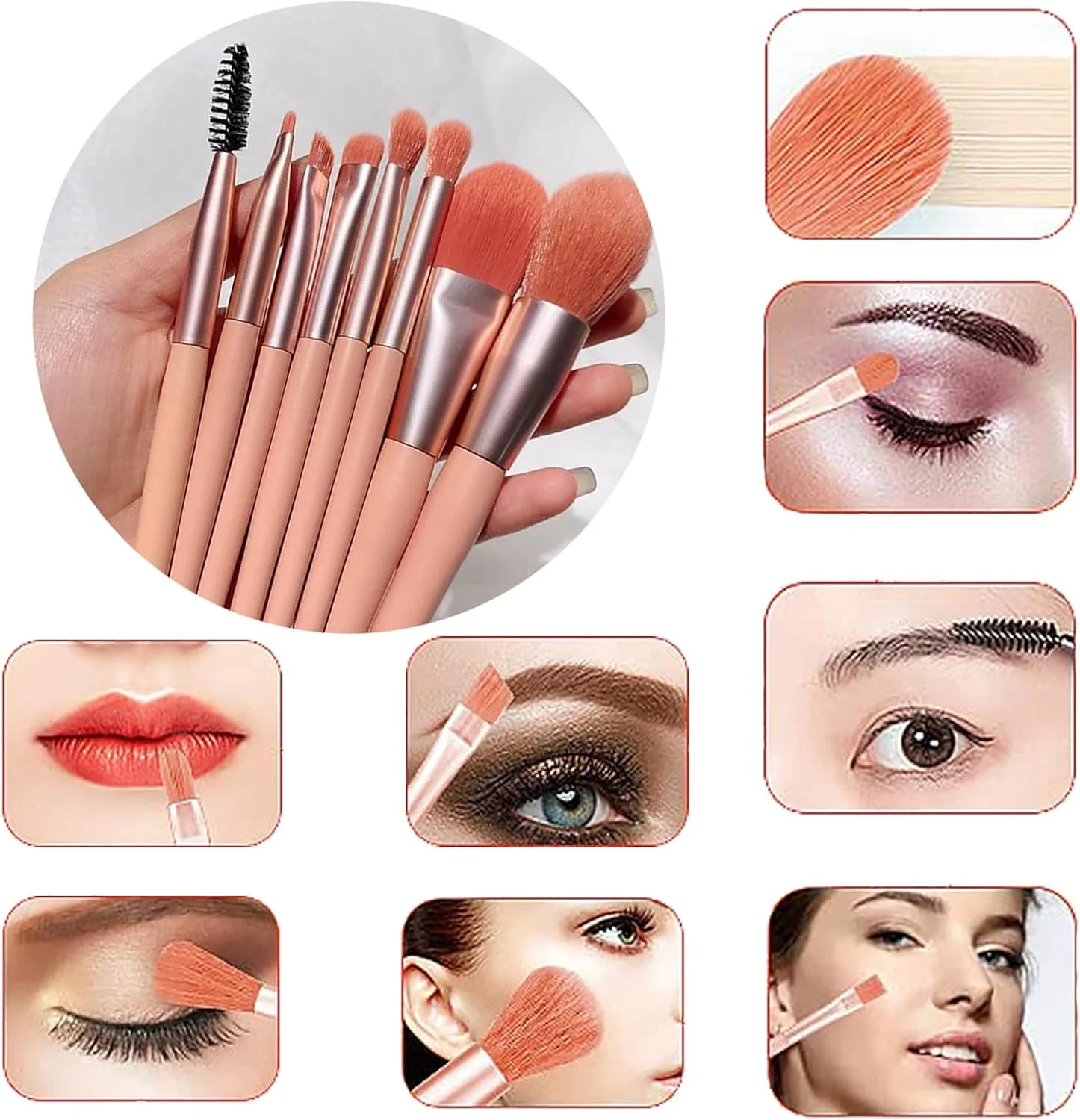 ست برس آرایشی مسافرتی 8 تکه صورتی با کیف - برس های کوچک ضروری برای کرم پودر صورت، رژگونه و سایه چشم - کیت ابزار آرایشی جمع و جور و قابل حمل
