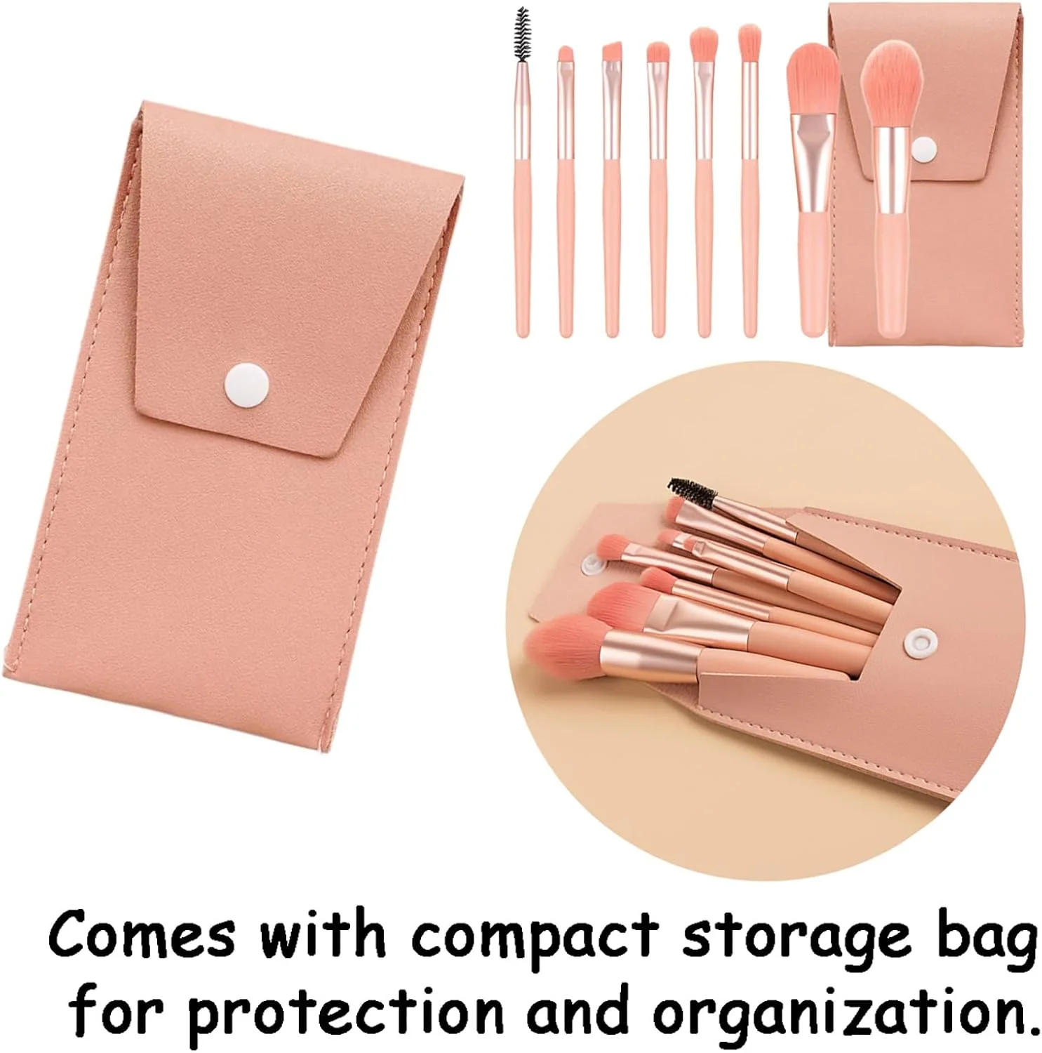 ست برس آرایشی مسافرتی 8 تکه صورتی با کیف - برس های کوچک ضروری برای کرم پودر صورت، رژگونه و سایه چشم - کیت ابزار آرایشی جمع و جور و قابل حمل
