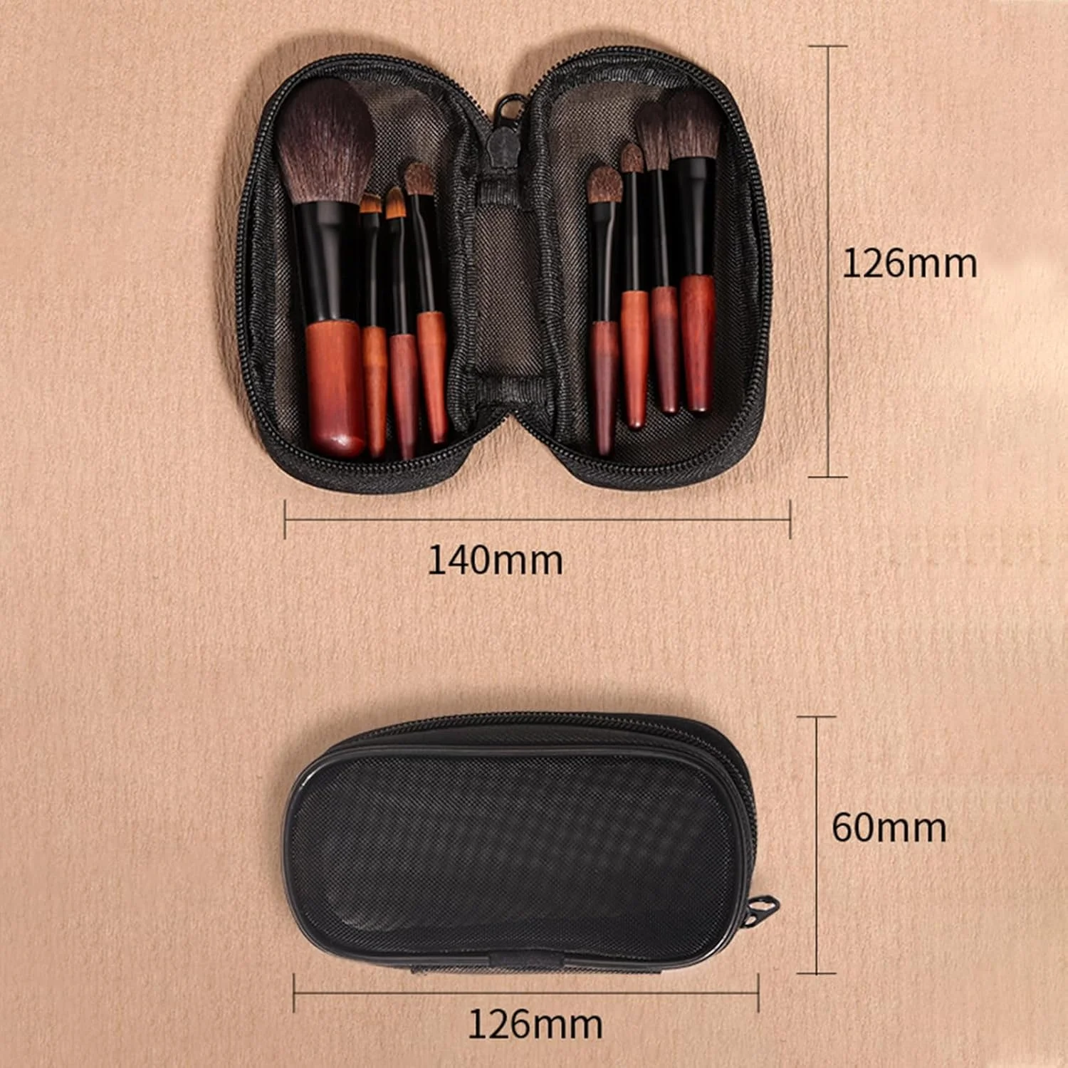 ست برس آرایشی 8 عددی قابل حمل کوچک برای مبتدیان، شامل برس پودر و سایه چشم