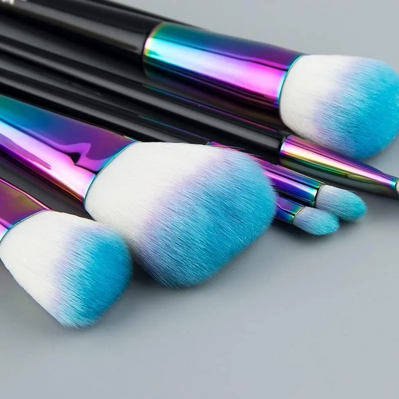 ست برس آرایشی رنگین کمانی 7 تکه، برس آرایش حرفه ای برای آرایش صورت و چشم، دسته مسی سایز کامل