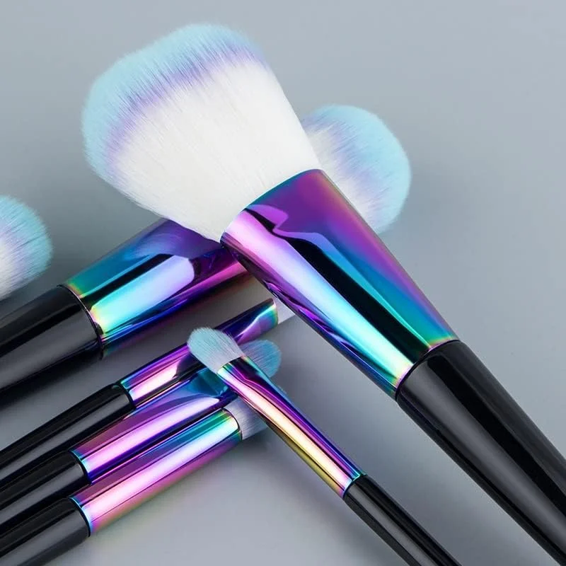 ست برس آرایشی رنگین کمانی 7 تکه، برس آرایش حرفه ای برای آرایش صورت و چشم، دسته مسی سایز کامل