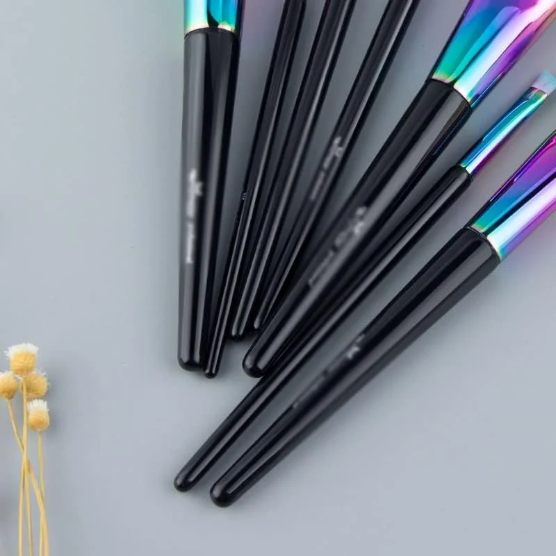 ست برس آرایشی رنگین کمانی 7 تکه، برس آرایش حرفه ای برای آرایش صورت و چشم، دسته مسی سایز کامل