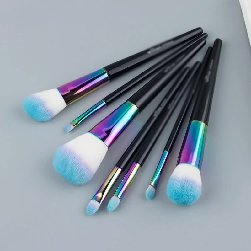 ست برس آرایشی رنگین کمانی 7 تکه، برس آرایش حرفه ای برای آرایش صورت و چشم، دسته مسی سایز کامل
