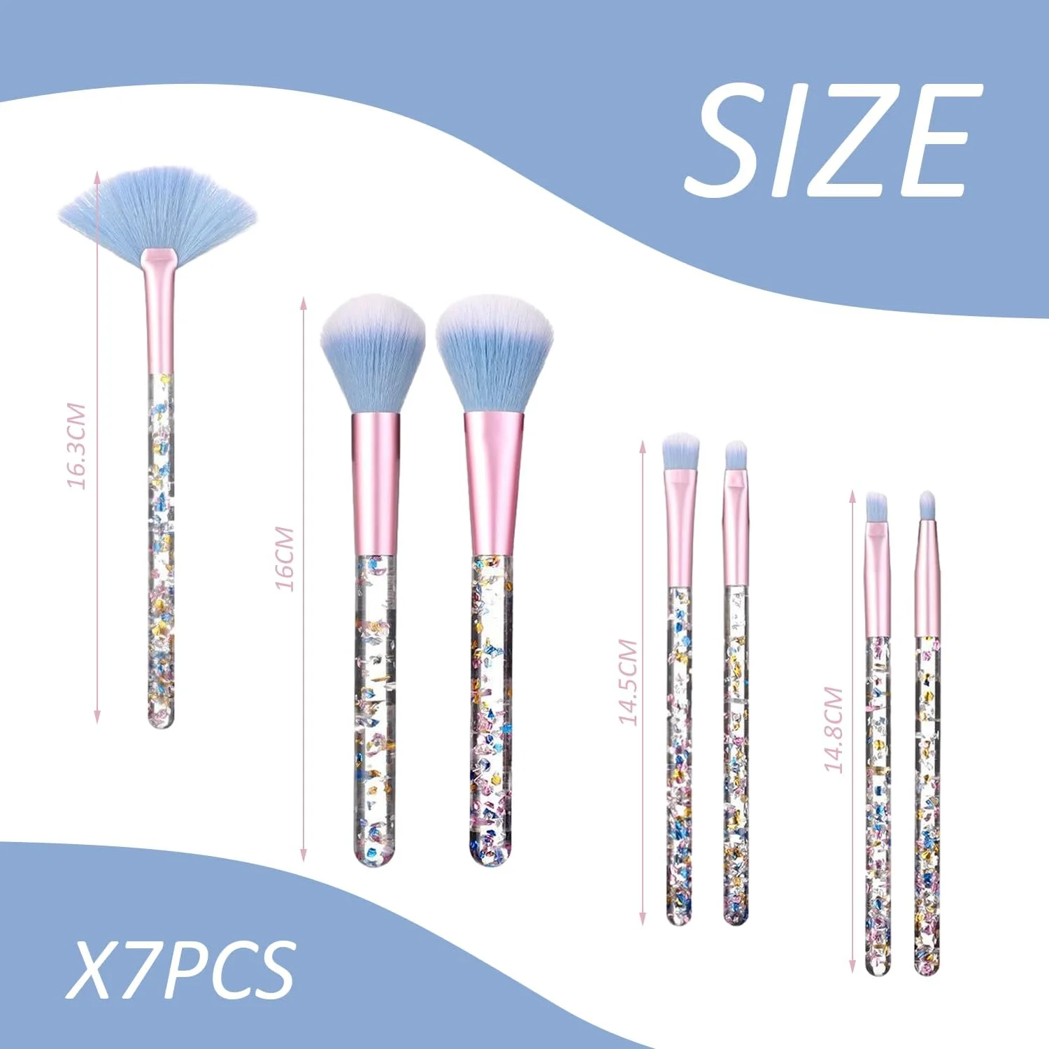 ست برس آرایشی 7 تکه شفاف، دسته پولک کریستالی، برس سایه چشم اکلیلی، لوازم جانبی زیبایی، مناسب برای استفاده از آرایش