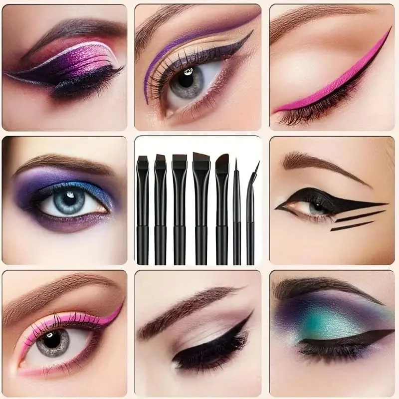 ست برس خط چشم 7 تکه - ابزار آرایش حرفه ای با طراحی برس بیضی شکل، موهای نایلونی، دسته های پلاستیکی ABS برای پوست معمولی - برس های آرایش چشم بدون عطر شامل برس خط چشم داسی شکل