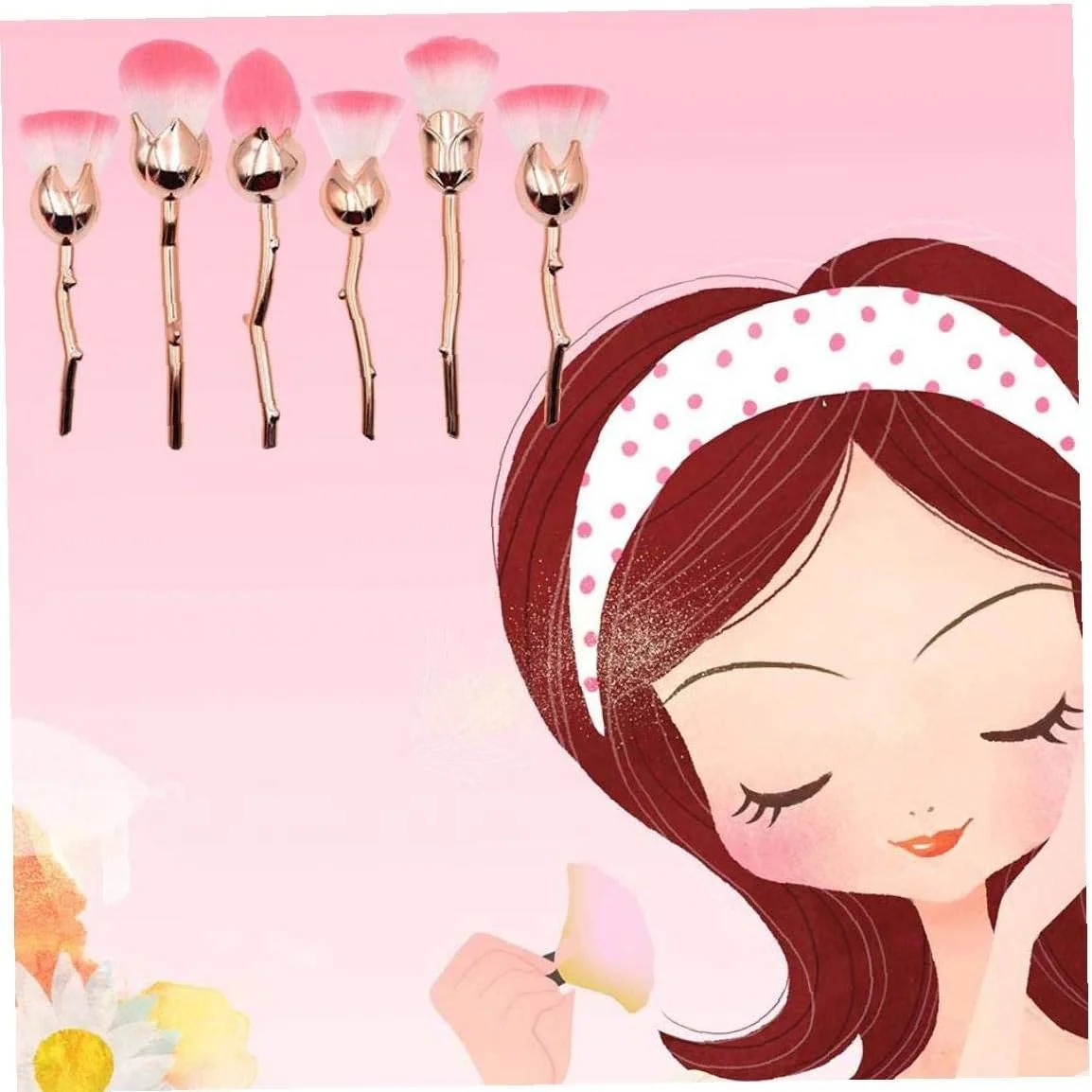 ست 6 عددی برس آرایشی گل رز نرم، شامل برس کرم پودر، برس پودر و برس های آرایش صورت زنانه با دسته پلاستیکی، برس های آرایشی طلایی