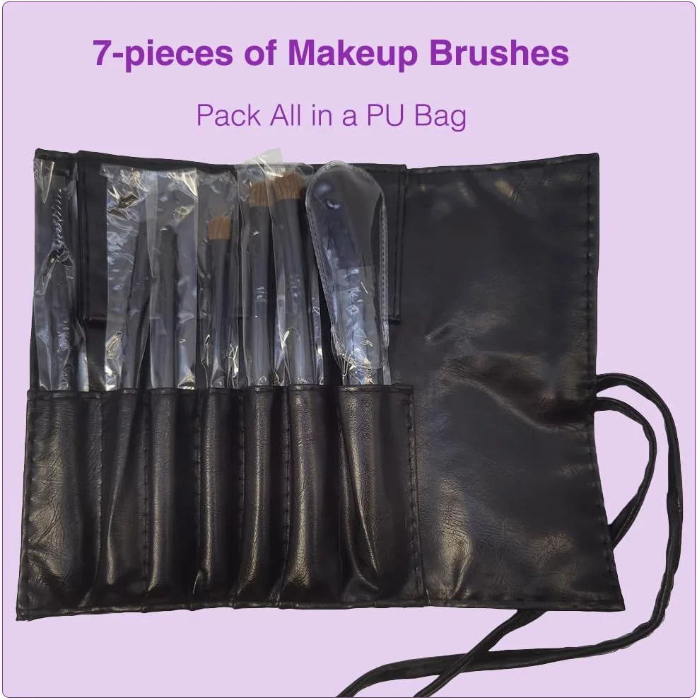 ست برس آرایشی 7 تکه برای صورت و چشم با کیف PU شامل برس های فوق العاده نرم کرم پودر، کانسیلر، کانتور، ترکیب و سایه چشم