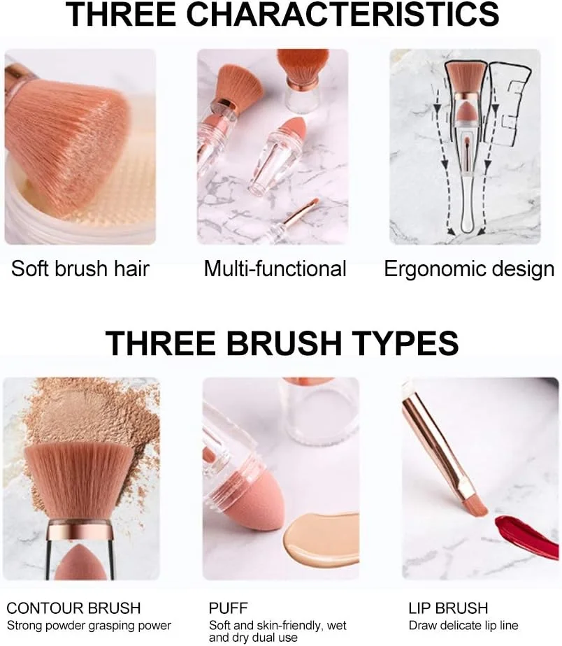 ست براش آرایشی 3 در 1، ست براش لوازم آرایشی، براش چند منظوره لوازم آرایشی برای کرم پودر، کانسیلر، سایه چشم، رژ لب، ابزار آرایش