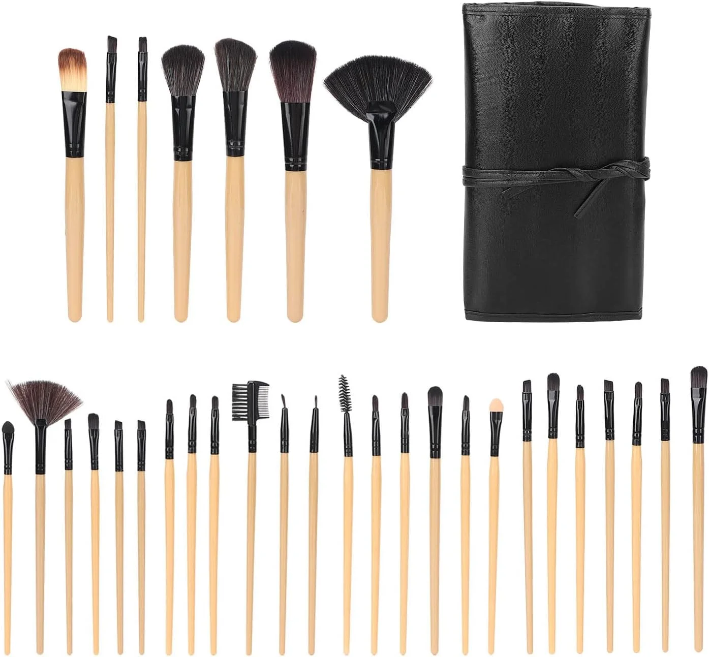 ست 32 عددی برس آرایشی، ست برس آرایشی، موی نایلونی نرم، سایه چشم، رژگونه، برس پودر شل به همراه کیف نگهداری (رنگ چوب)