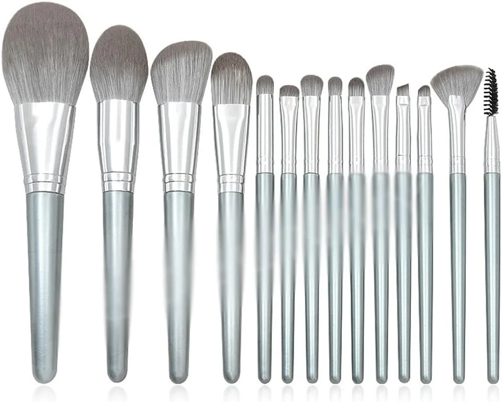 ست 14 عددی برس آرایشی دسته چوبی، شامل برس پودر، سایه چشم، برس ابرو و ابزار آرایشی