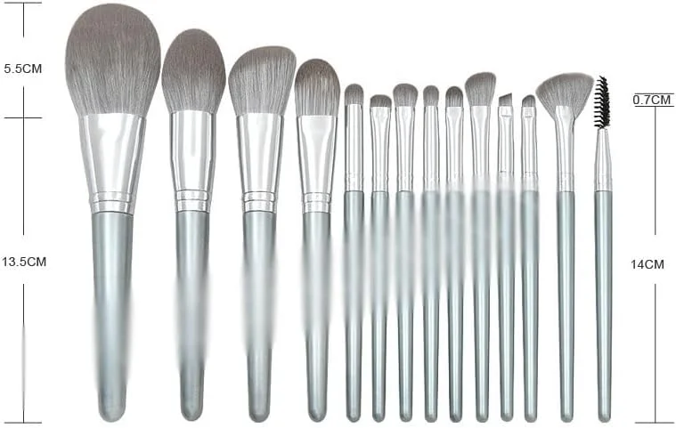 ست 14 عددی برس آرایشی دسته چوبی، شامل برس پودر، سایه چشم، برس ابرو و ابزار آرایشی