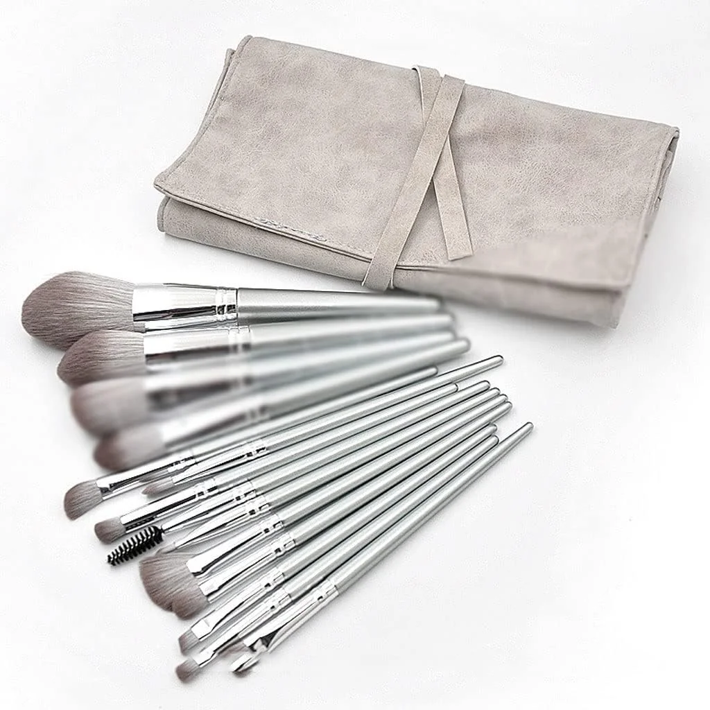 ست ۱۴ عددی برس آرایشی با دسته چوبی، شامل برس پودر، سایه، ابرو و ابزار آرایش