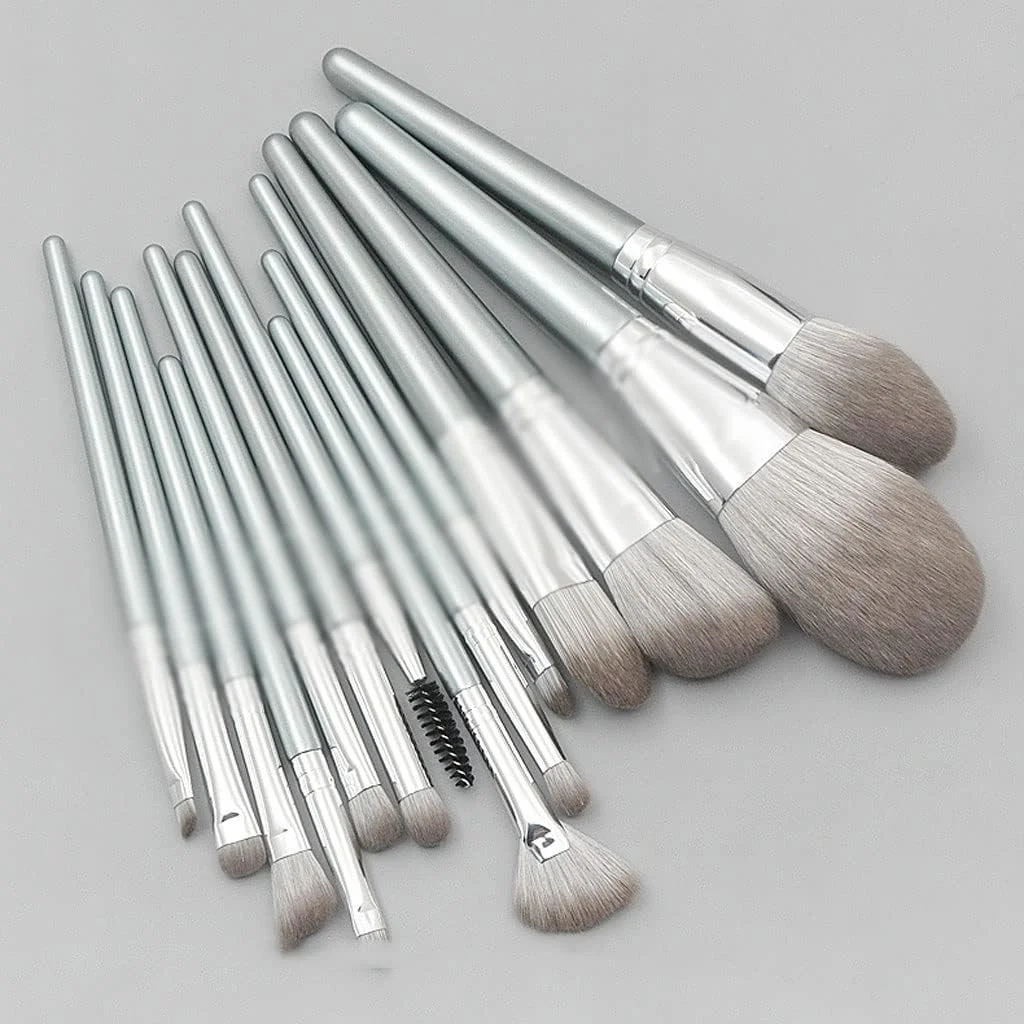 ست 14 عددی برس آرایشی دسته چوبی، شامل برس پودر، سایه چشم، برس ابرو و ابزار آرایشی