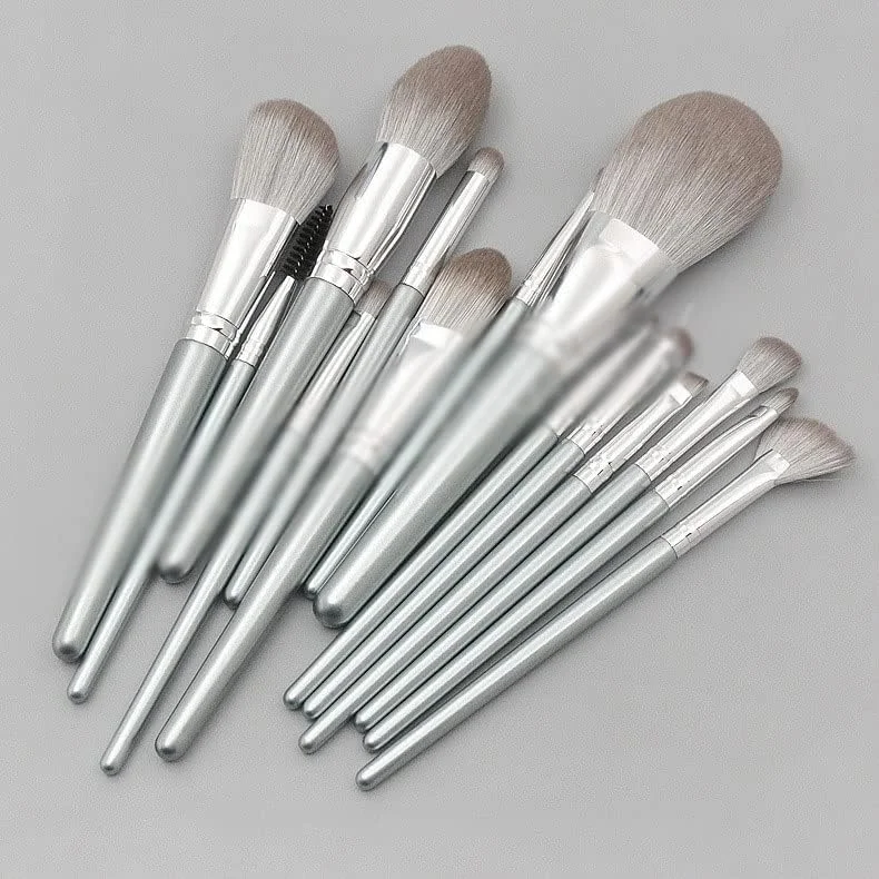 ست ۱۴ عددی برس آرایشی با دسته چوبی، شامل برس پودر، سایه، ابرو و ابزار آرایش