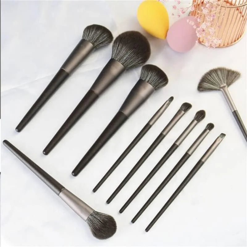 ست 10 عددی برس آرایشی مشکی، برس های حرفه ای برای کرم پودر، پودر، کانتور و سایه چشم
