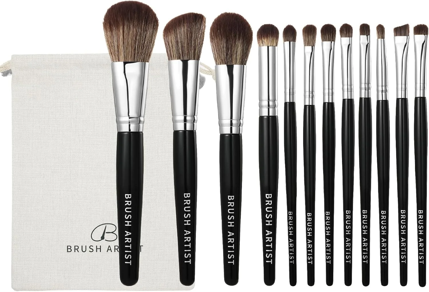 ست براش آرایشی 12 عددی مشکی نقره ای BRUSH ARTIST به همراه کیف نخی، اسفنج کرم پودر، براش پودر صورت، براش کانتور، براش رژگونه، براش سایه چشم، براش ابرو، براش کانسیلر