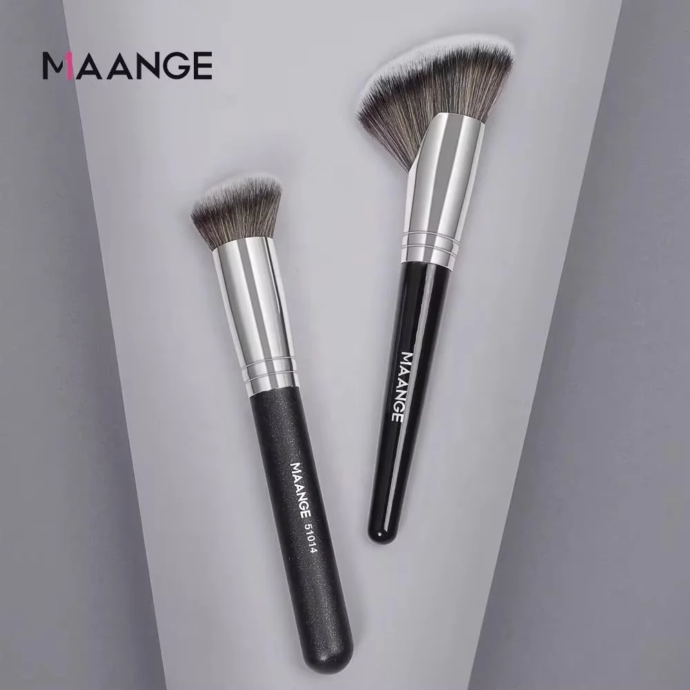 ست براش آرایشی حرفه ای Bold&Beautiful، مشکی مصنوعی، 2 تکه، برس نوار داسی اریب برای رژگونه و کانتور و برس گرد پودر فونداسیون، ضد آب