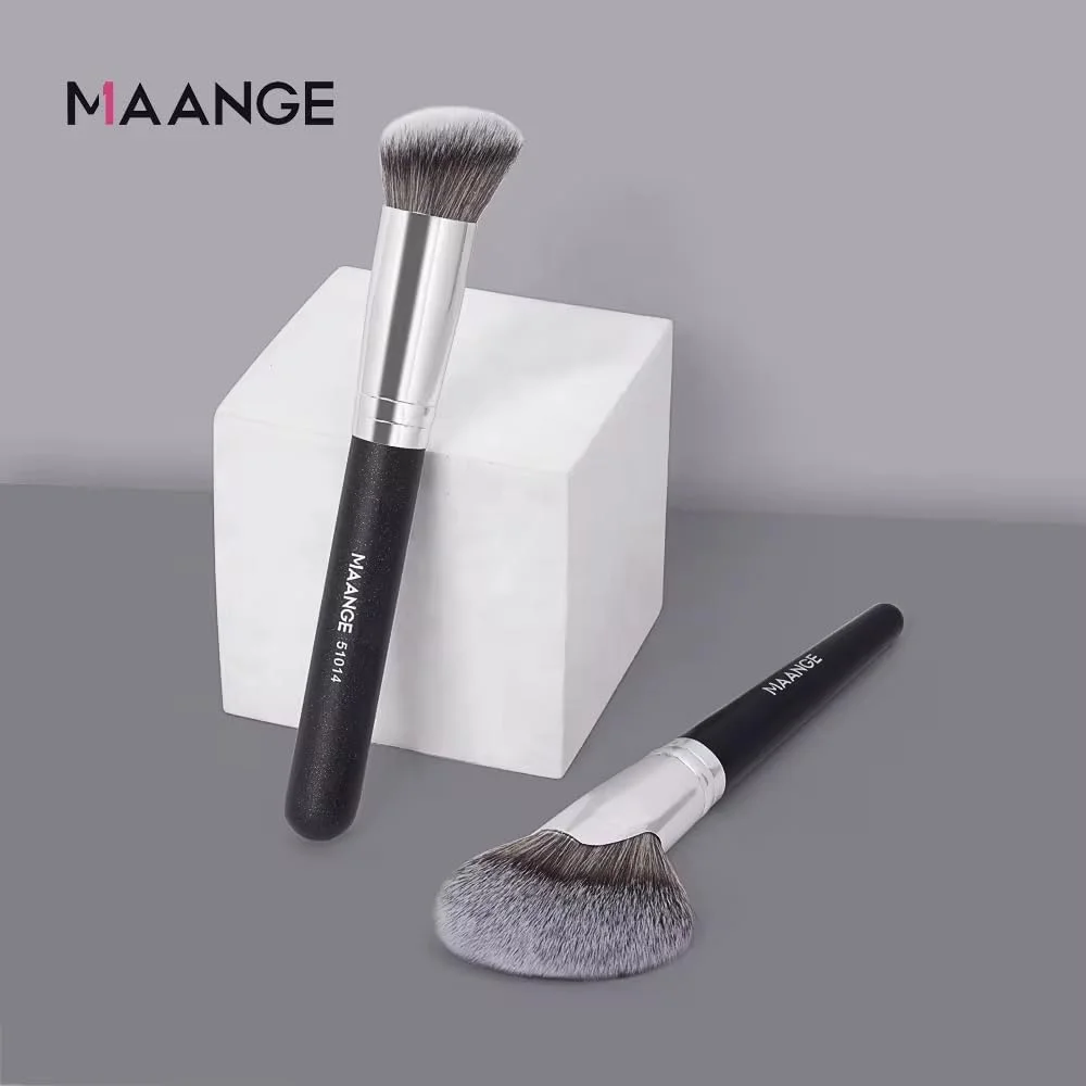 ست براش آرایشی حرفه ای Bold&Beautiful، مشکی مصنوعی، 2 تکه، برس نوار داسی اریب برای رژگونه و کانتور و برس گرد پودر فونداسیون، ضد آب