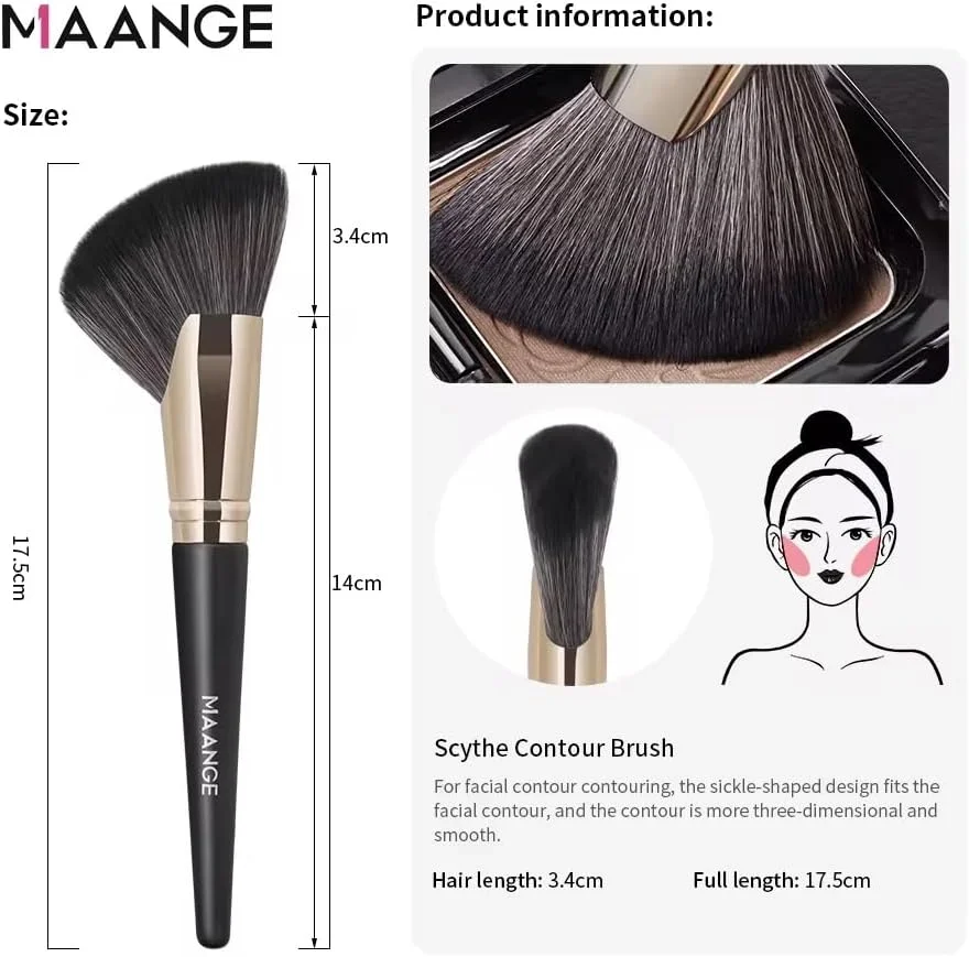 ست براش آرایشی حرفه ای Bold&Beautiful، مشکی مصنوعی، 2 تکه، برس نوار داسی اریب برای رژگونه و کانتور و برس گرد پودر فونداسیون، ضد آب