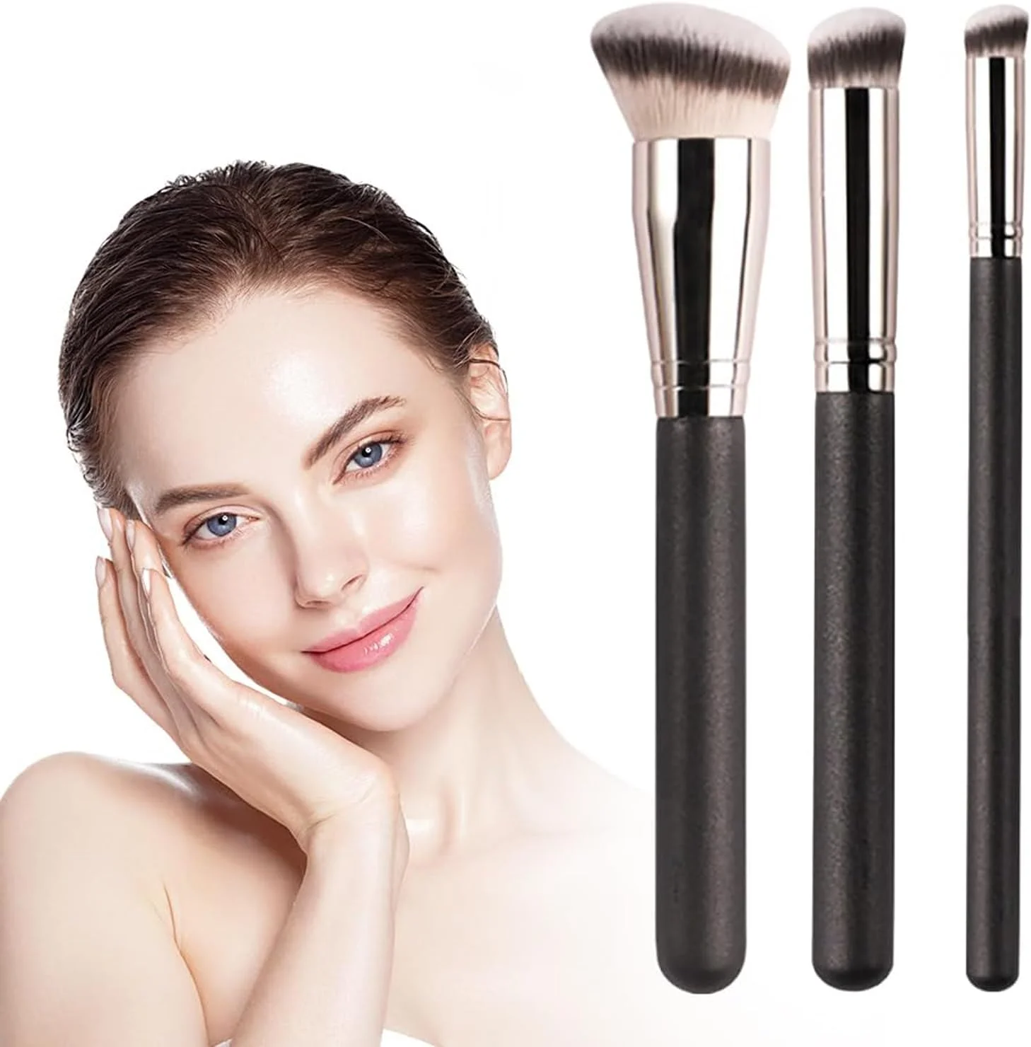 ست براش های آرایشی BK Beauty، براش فونداسیون 101، براش کانسیلر A506، کانسیلر Angie Hot & Flashy A506، براش های کانسیلر زاویه دار زیر چشم، ست براش آرایشی فونداسیون، کانتور و کانسیلر (3 عددی - 1 ست)