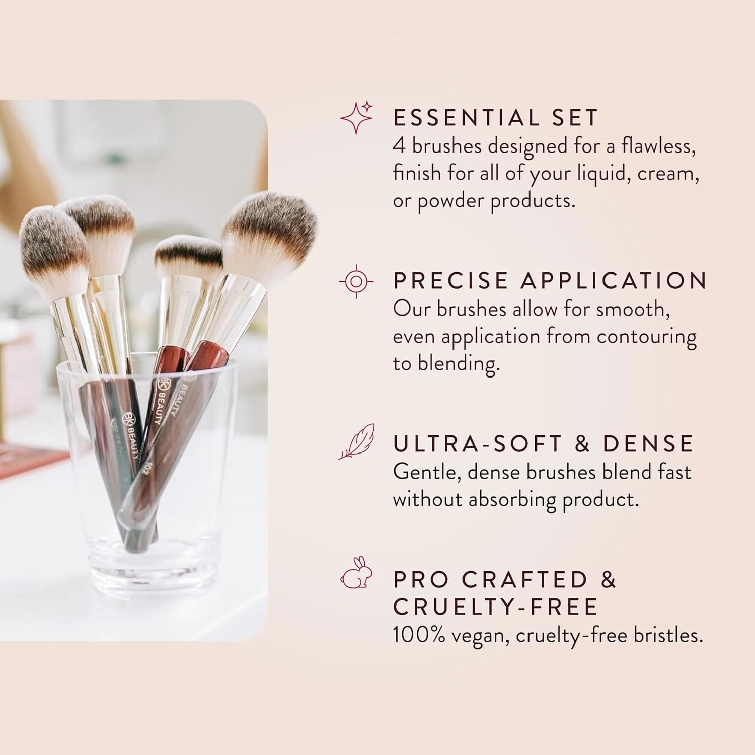 ست براش صورت ضروری BK BEAUTY (4 تکه) - ست براش آرایشی حرفه ای برای کرم پودر مایع یا کرمی، پودر، برنزر، رژگونه | براش های آرایشی ممتاز برای استفاده بی نقص