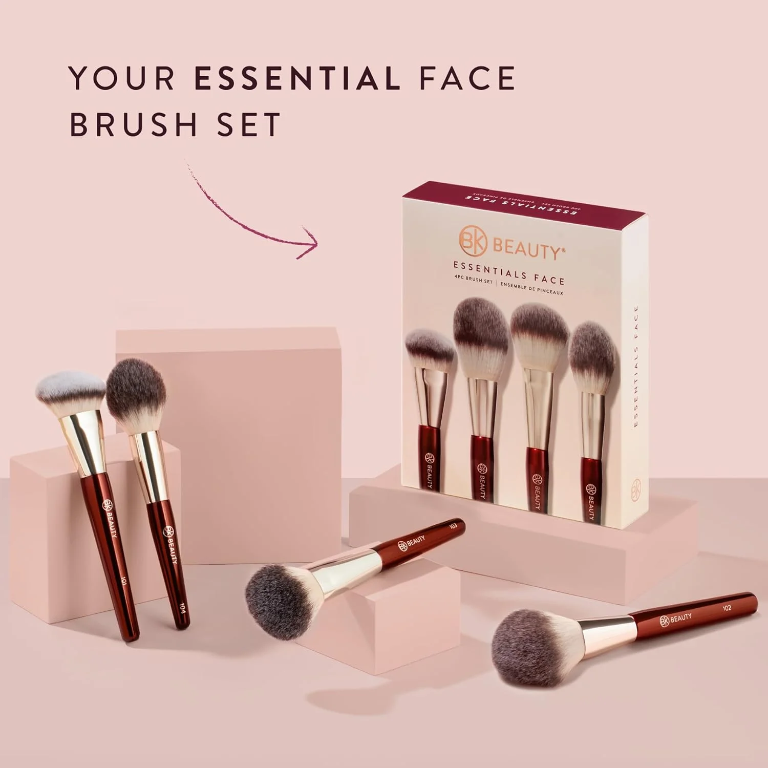 ست براش صورت ضروری BK BEAUTY (4 تکه) - ست براش آرایشی حرفه ای برای کرم پودر مایع یا کرمی، پودر، برنزر، رژگونه | براش های آرایشی ممتاز برای استفاده بی نقص