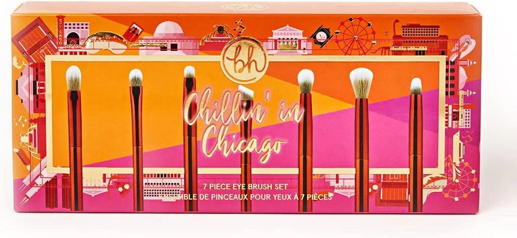 ست براش چشم 7 تکه Bh Cosmetics Chillin' in Chicago - ست براش آرایشی ممتاز برای فونداسیون، ترکیب، رژگونه، کانسیلر، سایه چشم؛ موهای مصنوعی بدون تست حیوانی؛ کیف آرایشی مسافرتی