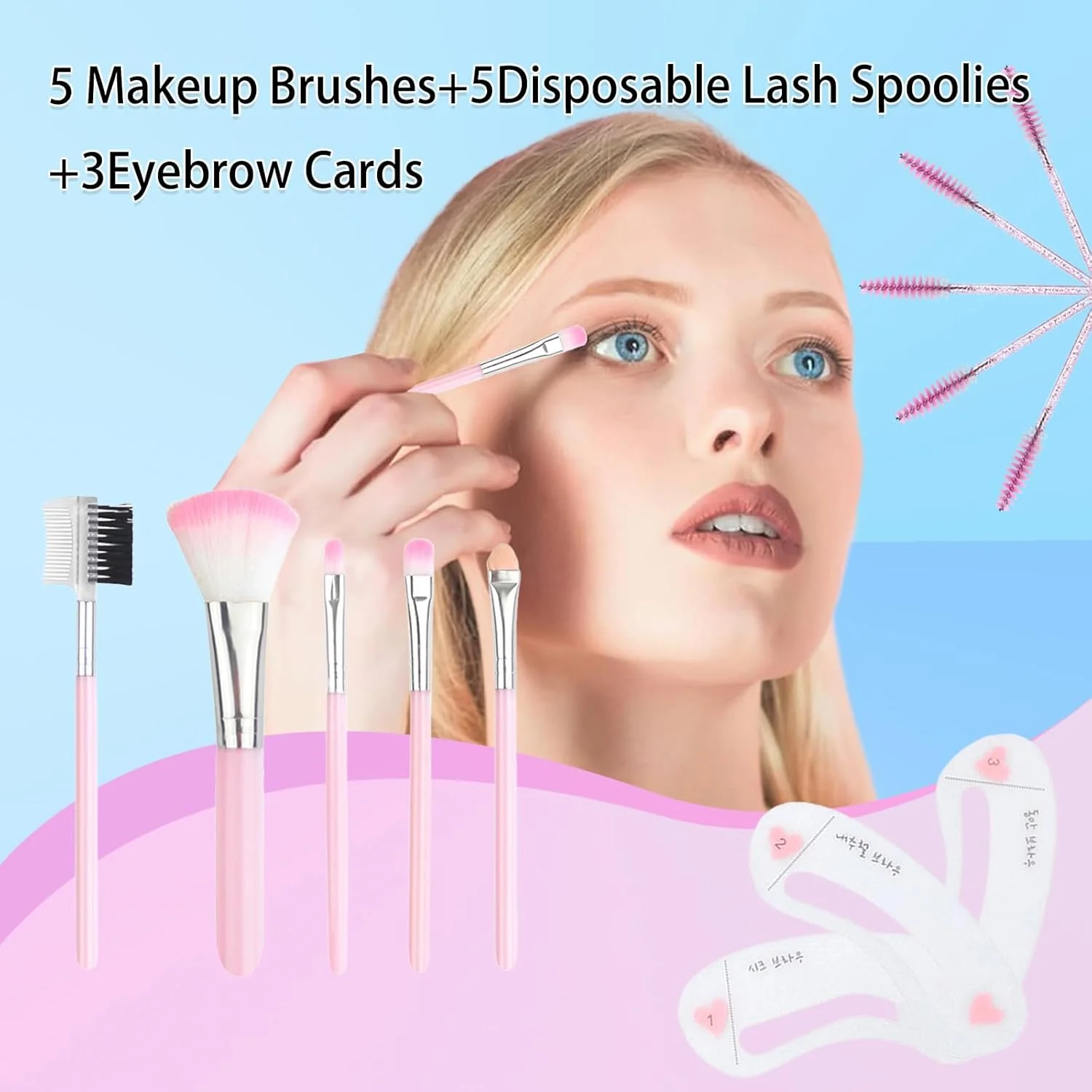 ست برس آرایشی 10 تکه Benixmidart، برس سایه چشم با برس رژگونه، برس لب، برس ابرو دو طرفه، 5 عدد برس مژه یکبار مصرف و 3 عدد کارت ابرو، برس های آرایشی حرفه ای (صورتی)