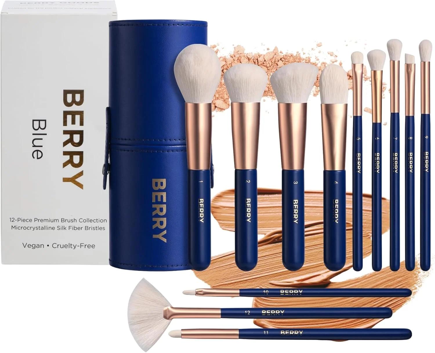 ست برس آرایشی حرفه ای 12 تکه پریمیوم BERRY - شماره دار، وگان، بدون تست حیوانی، موهای میکروکریستالی لوکس، ایده آل برای کرم پودر، پودر، ترکیب و کانتورینگ با کیف مسافرتی (آبی)