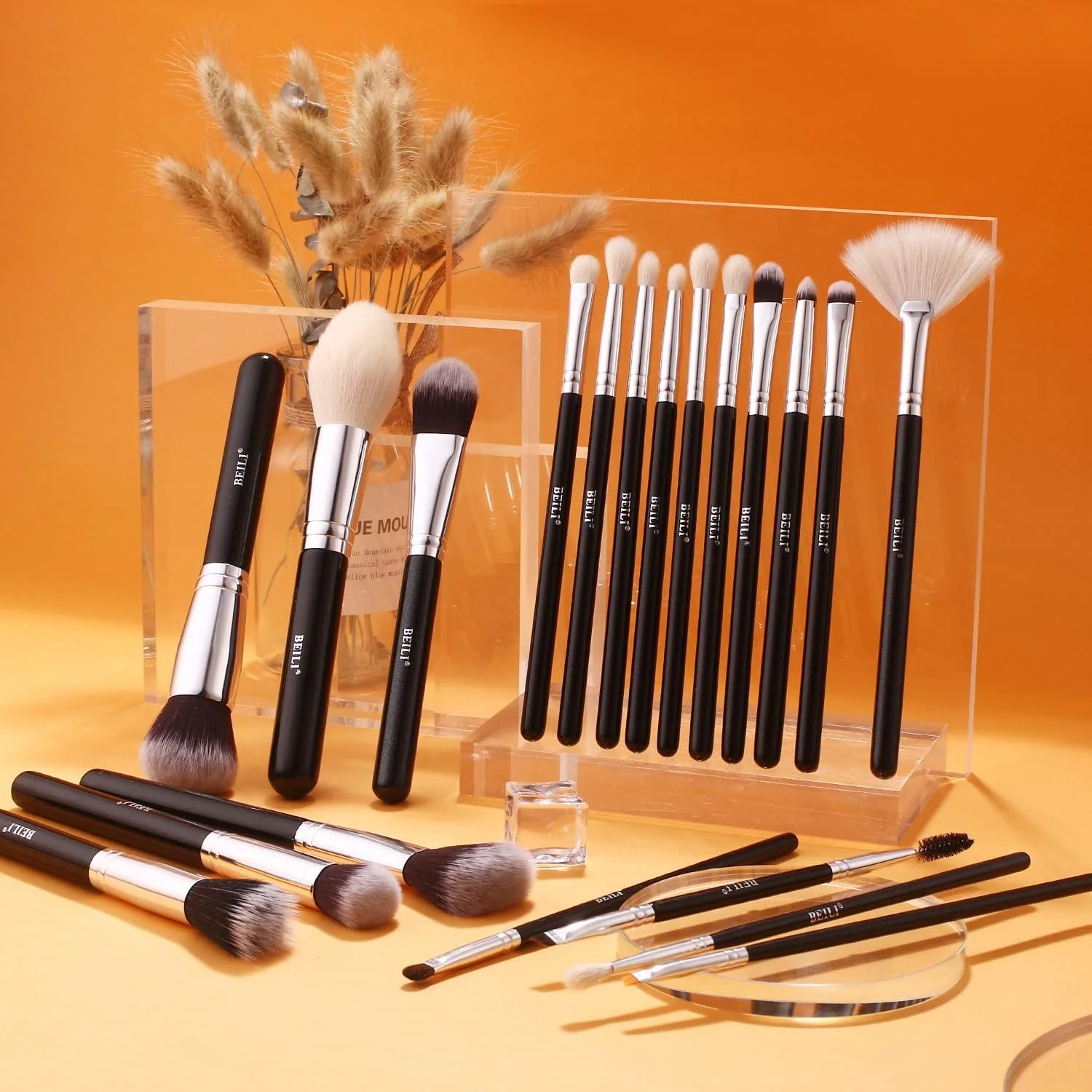 BEILI مجموعه برس آرایشی حرفه ای 20 تکه ای موی بز طبیعی، کرم پودر کابوکی، فونداسیون، بادبزنی، پودر صورت، کانتور، کانسیلر، سایه چشم، خط چشم و مجموعه ابزار برس آرایشی