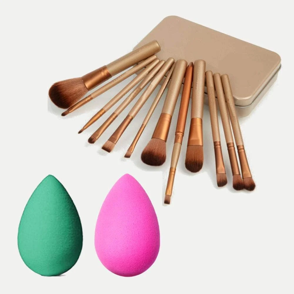ست براش آرایشی نرم بگی 12 عددی و پد/اسفنج آرایشی رایگان (بسته 2 عددی) (رنگ ممکن است متفاوت باشد)