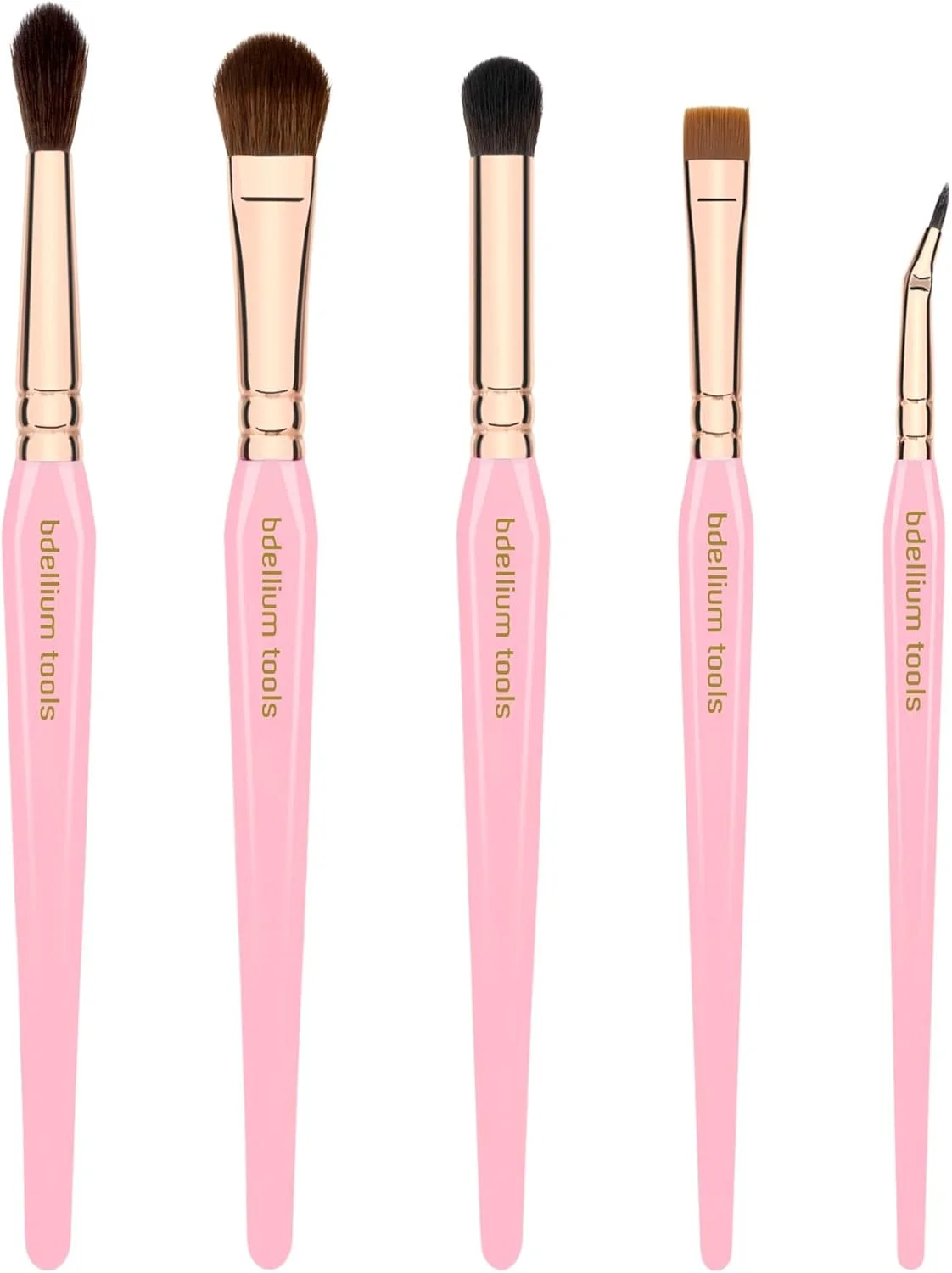 ست براش آرایشی چشم مثلث طلایی صورتی Bdellium Tools - کیت براش ضروری و چند منظوره چشم با موهای مصنوعی نرم و حلقه برنجی رزگلد برای انواع سبک های آرایش چشم (صورتی، 5 عدد)