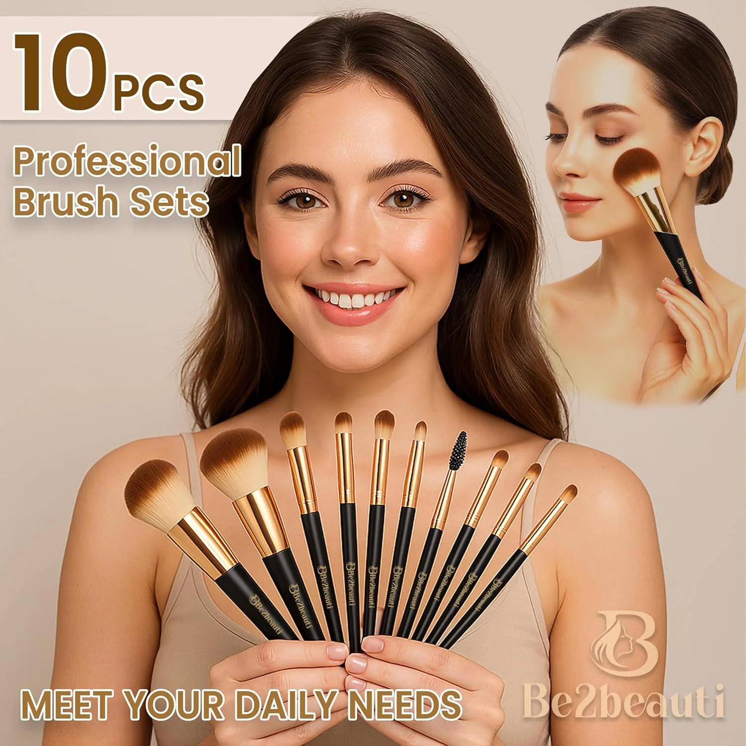 ست برس آرایشی 10 تکه Be2beauti - برس های مصنوعی ممتاز برای کرم پودر، پودر، کانسیلر، سایه چشم، ابرو، ترکیب و رژگونه، ست هدیه حرفه ای برای زنان و دختران (مشکی طلایی)
