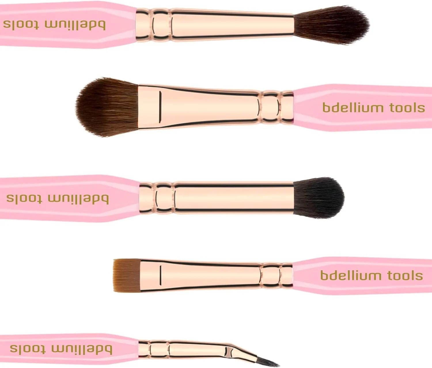 ست براش آرایشی چشم مثلث طلایی صورتی Bdellium Tools - کیت براش ضروری و چند منظوره چشم با موهای مصنوعی نرم و حلقه برنجی رزگلد برای انواع سبک های آرایش چشم (صورتی، 5 عدد)