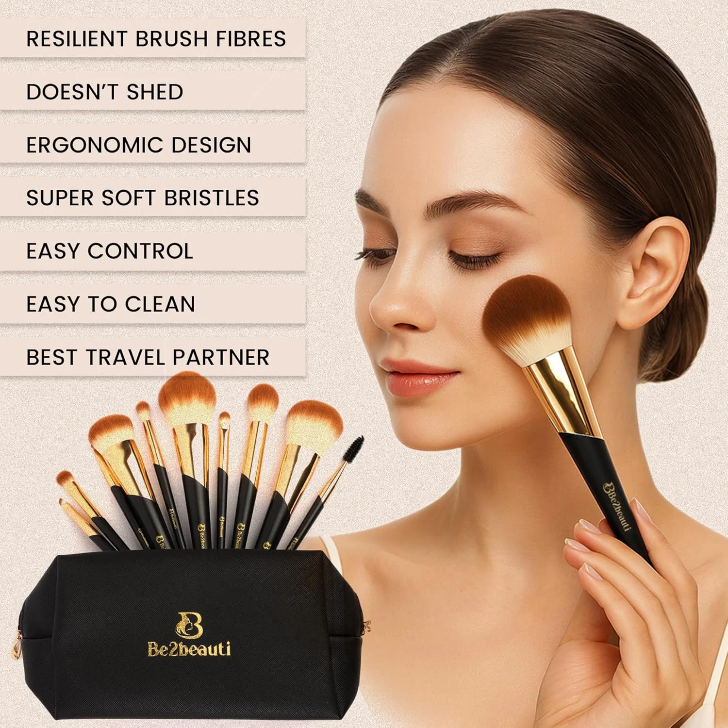 ست برس آرایشی 10 تکه Be2beauti - برس های مصنوعی ممتاز برای کرم پودر، پودر، کانسیلر، سایه چشم، ابرو، ترکیب و رژگونه، ست هدیه حرفه ای برای زنان و دختران (مشکی طلایی)
