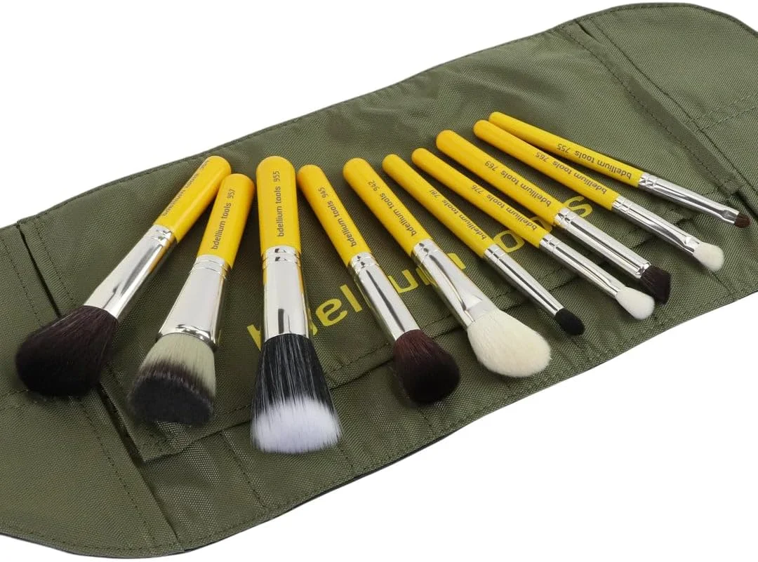 ست برس آرایشی مسافرتی آنتی باکتریال حرفه ای Bdellium Tools مناسب برای مواد معدنی به همراه کیف رولی، بسته 10 عددی