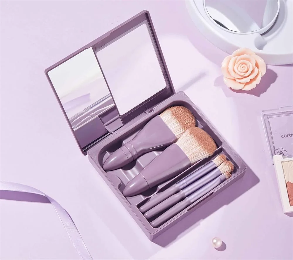 ست براش آرایشی آزونه، کیت براش های مسافرتی قابل حمل با کیف و آینه، عملکرد کامل، حمل آسان، 5 عدد