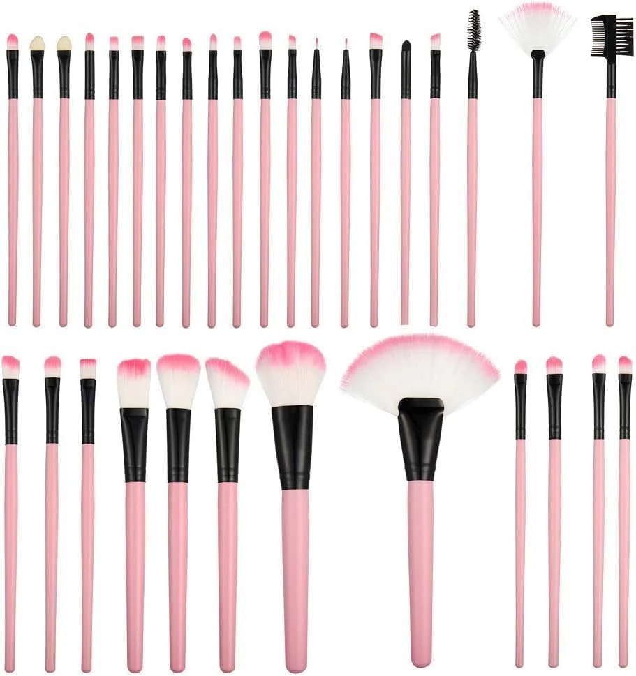 ست برس آرایشی آزونه، 32 تکه برس آرایشی حرفه ای، برس های آرایشی ممتاز مصنوعی، برس های فونداسیون، برس های ترکیبی پودر صورت، رژگونه، سایه چشم، خط چشم، کیت برس آرایشی با کیف (صورتی)