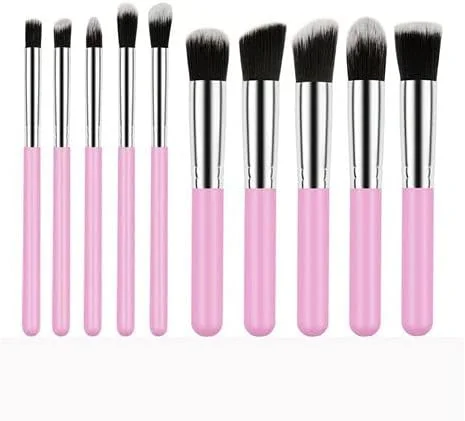 ست برس آرایشی AVTY، مجموعه برس ممتاز مصنوعی برای کرم پودر، پودر صورت، رژگونه، سایه چشم، کیت برس آرایشی با اسفنج بلندر و تمیز کننده برس (10 عدد، صورتی/نقره ای)