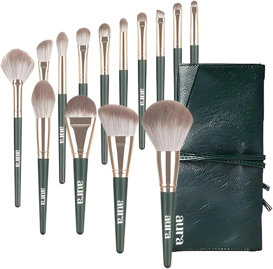 مجموعه برس آرایشی حرفه ای Aura، ست برس آرایشی ۱۴ تکه ممتاز، مجموعه کامل برس آرایشی برای کرم پودر، ترکیب و پودر