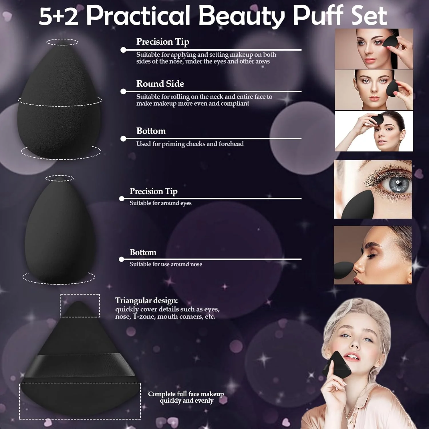 ست برس آرایشی مسافرتی 14 عددی Auroray، برس های آرایشی مینی قابل حمل با کیف، 5 عدد اسفنج آرایشی، هدیه روز مادر برای کرم پودر، کانسیلر، سایه چشم (مشکی)