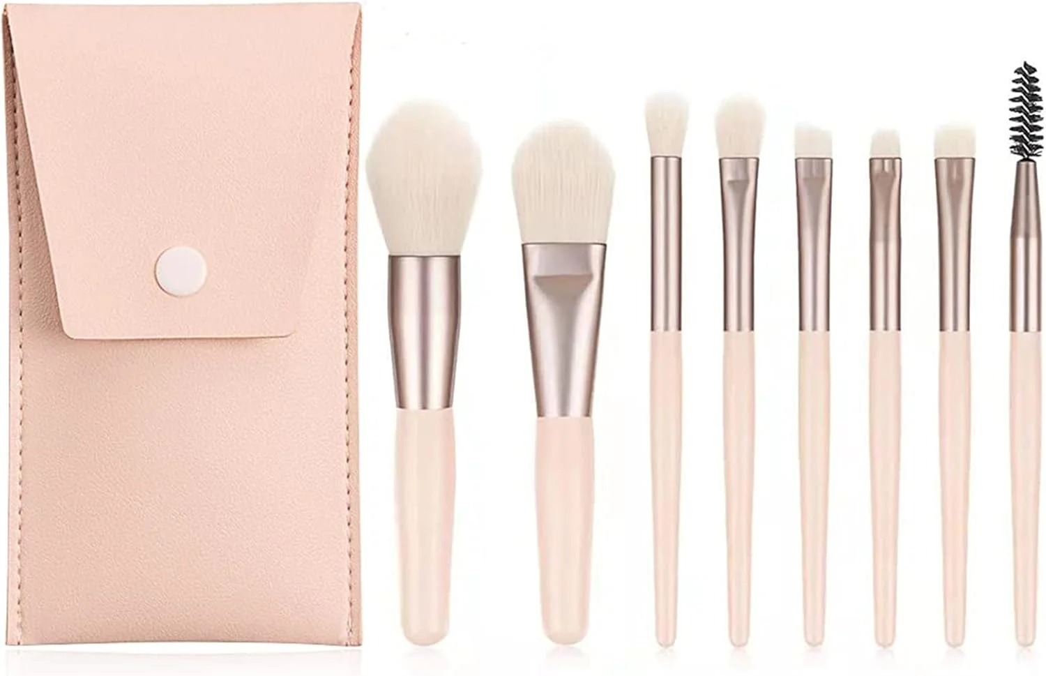 ست برس آرایشی Arabest، کیت 8 عددی برس مسافرتی با کیف PU، برس های نرم و قابل حمل سایز کوچک برای آرایش صورت، سایه چشم، لب، ابزار آرایشی برای دختران و زنان (رنگ برنجی عاجی)