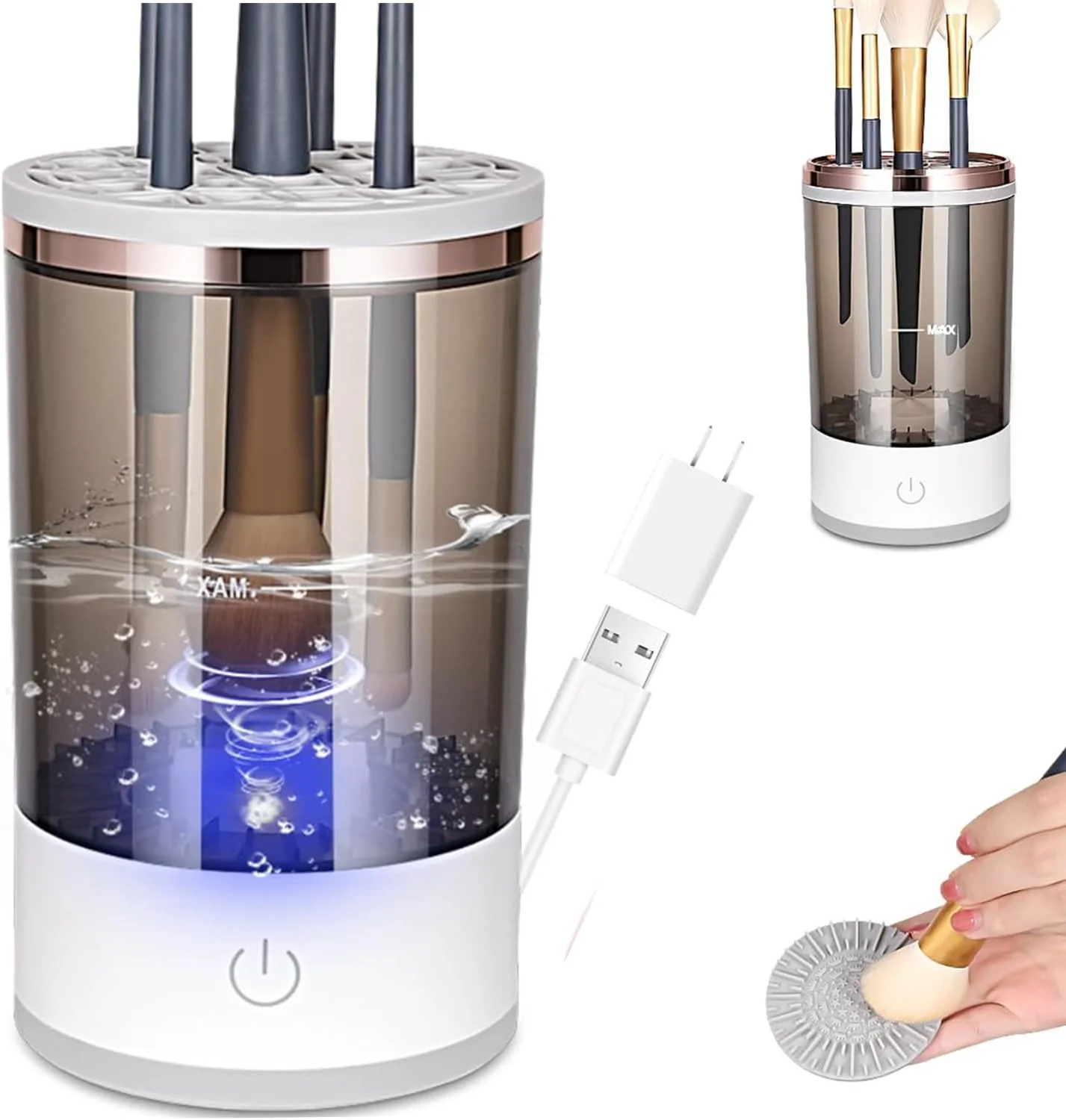 دستگاه تمیز کننده برس آرایشی برقی آرشانی، اسپینر برس تمیز کننده اتوماتیک قابل حمل با تشک برس برای مجموعه برس های آرایشی زیبایی در همه اندازه ها، سازماندهی برس های آرایشی، اسپینر برس تمیز کننده عمیق
