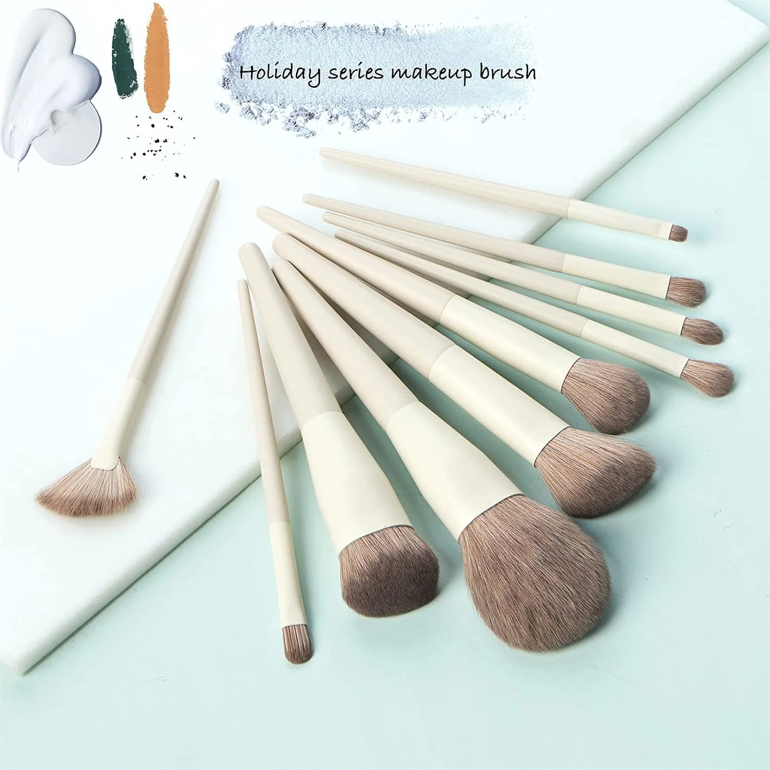 ست برس آرایشی Arabest، 10 عدد برس لوازم آرایشی مصنوعی ممتاز حرفه ای، برس های نرم قابل حمل برای آرایش صورت، سایه چشم، لب، ابزار آرایشی برای زنان و دختران (سفید کرمی)