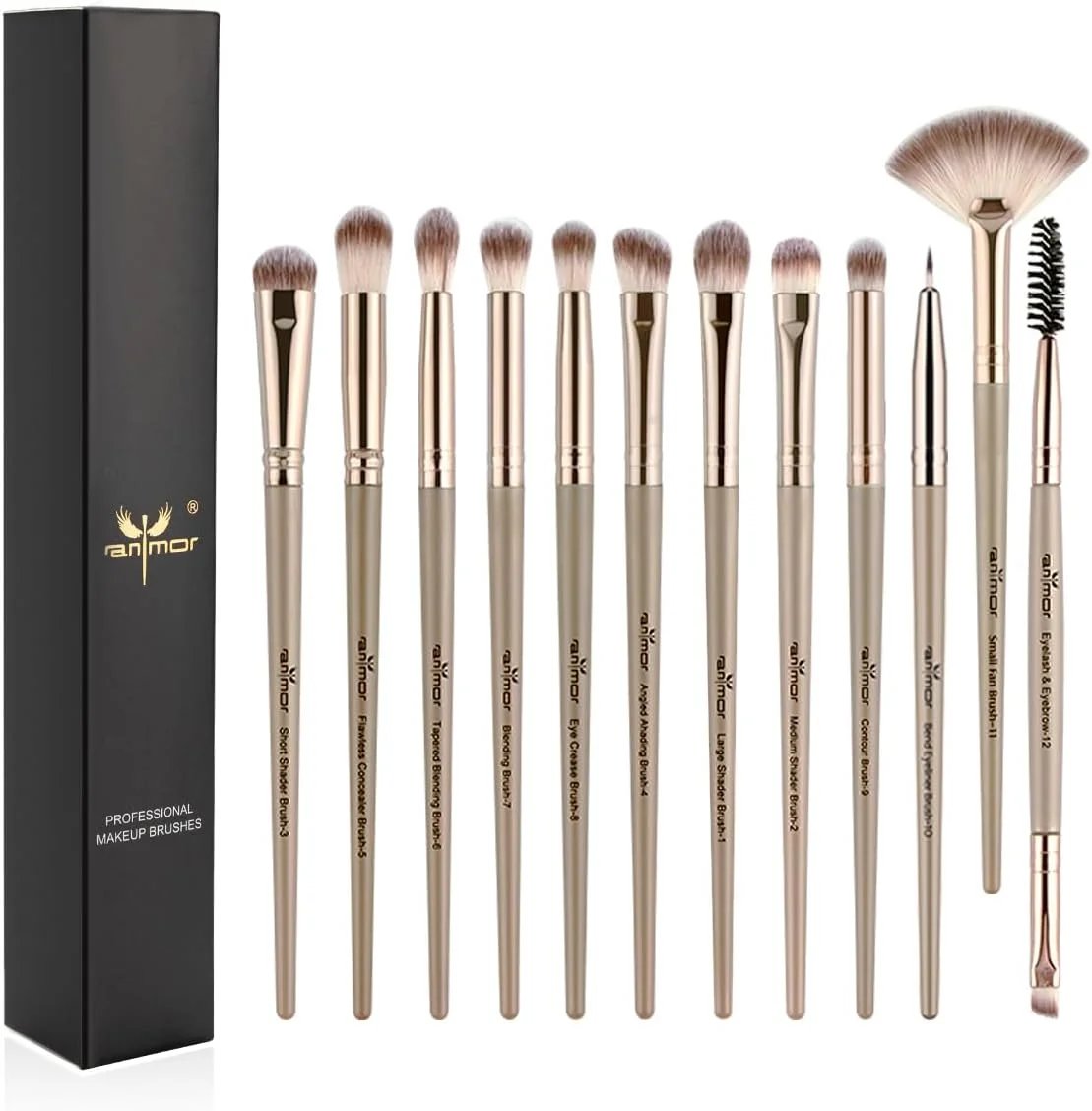 ست براش سایه چشم Anmor، مجموعه 12 عددی براش آرایشی حرفه ای سایه چشم، برای سایه چشم، ابرو، خط چشم، کانسیلر، موهای نرم مصنوعی و دسته ممتاز