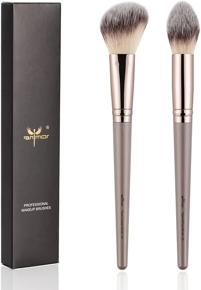 ست براش کانتور و هایلایتر Anmor، مجموعه براش آرایشی صورت 2 عددی ممتاز برای رژگونه و برنزر، ایده آل برای ترکیب، کانتورینگ گونه و بینی