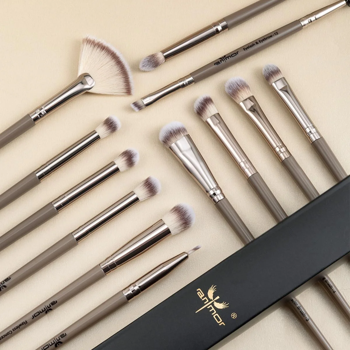 ست براش سایه چشم Anmor، مجموعه 12 عددی براش آرایشی حرفه ای سایه چشم، برای سایه چشم، ابرو، خط چشم، کانسیلر، موهای نرم مصنوعی و دسته ممتاز
