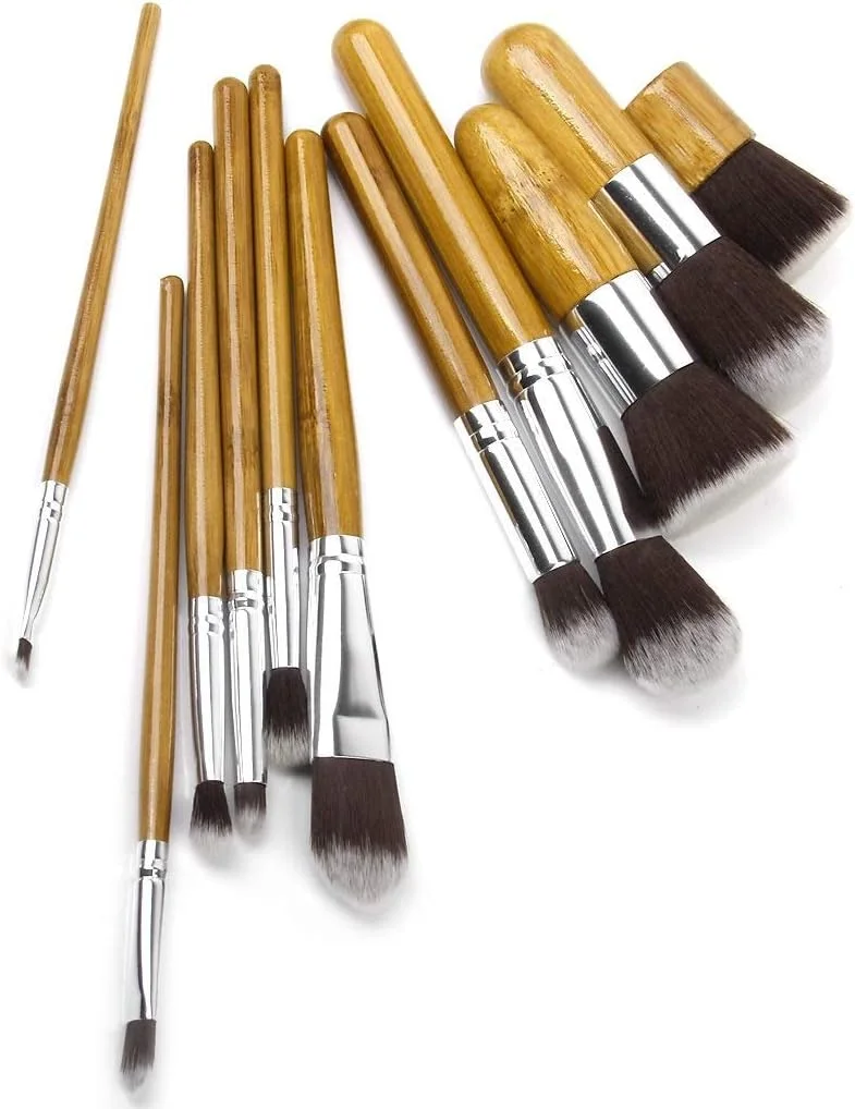 ست 11 عددی برس آرایشی چوبی آنجلی همراه با خط چشم ژلی Music Flower (مشکی، قهوه ای)