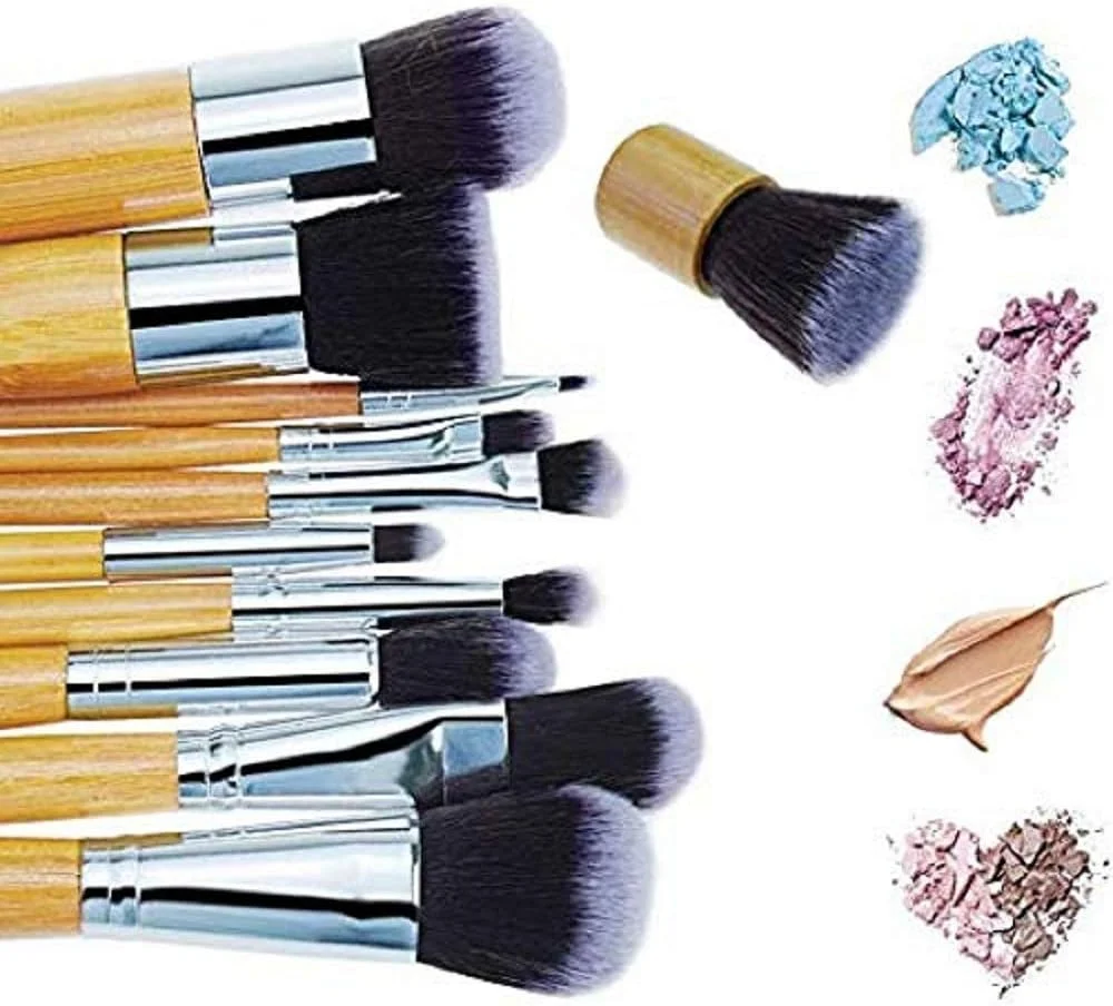 ست 11 عددی برس آرایشی چوبی آنجلی همراه با خط چشم ژلی Music Flower (مشکی، قهوه ای)